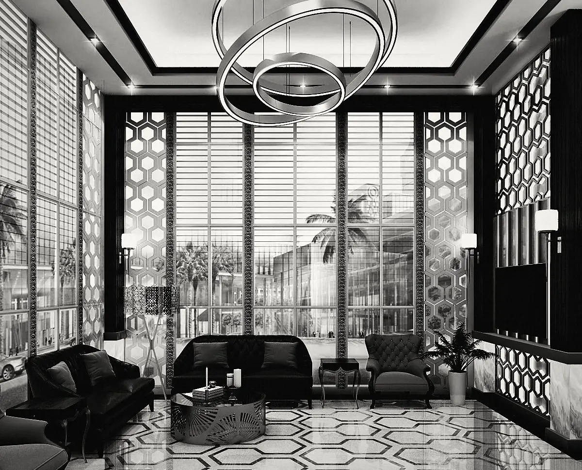 The lobby from another angle: mashrabiya between the windows.