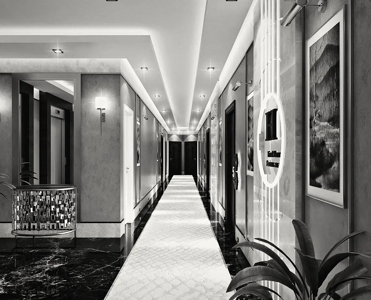 The corridor: a long runner and warm wall lights.
