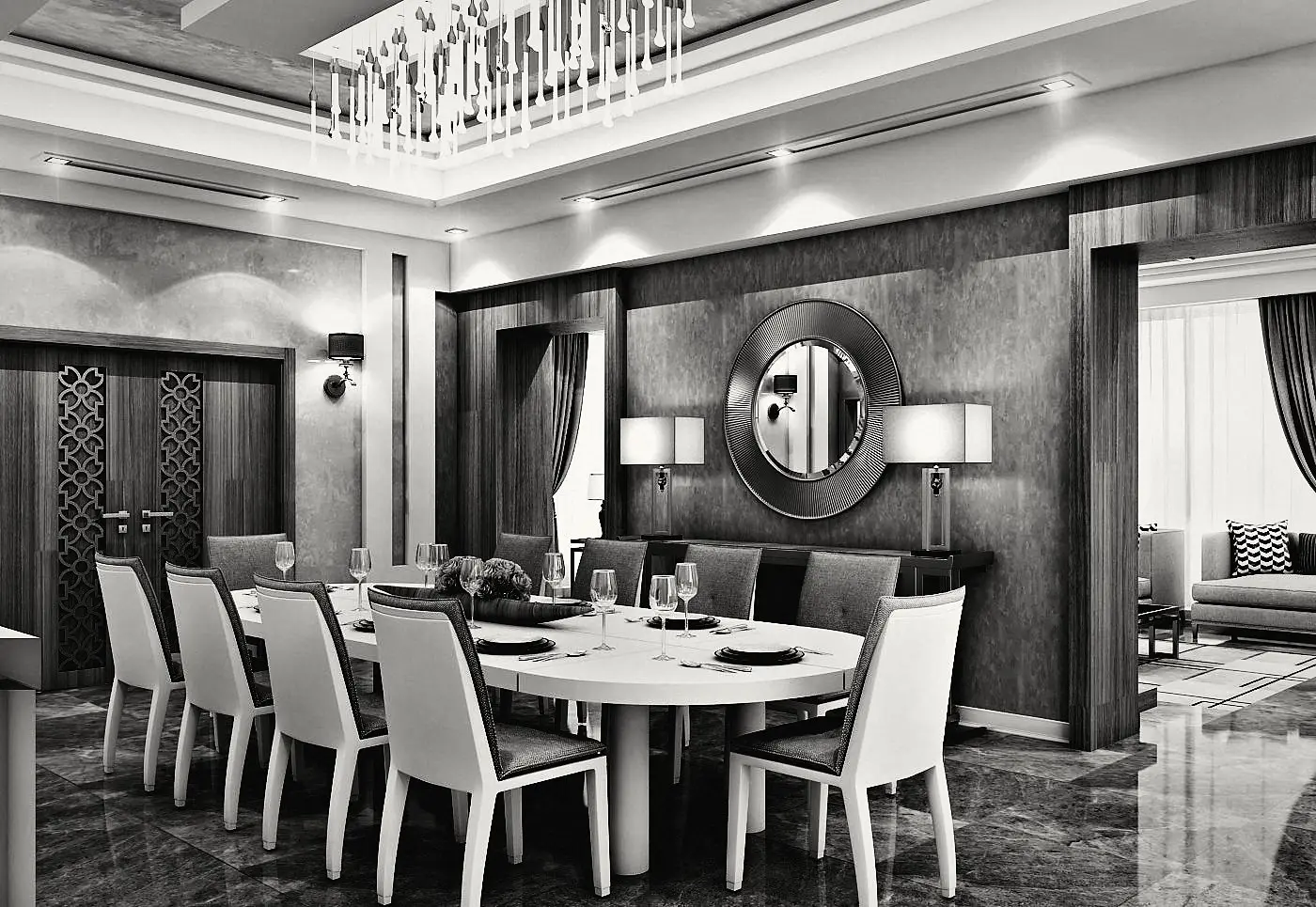 The dining room: an oval table and a timber wall with a round mirror.