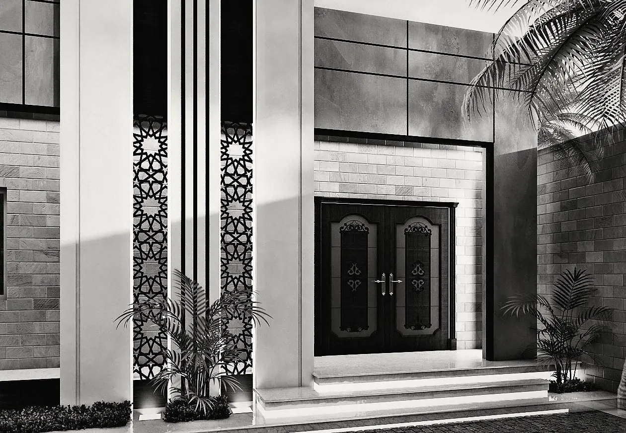 The entrance up close: a double timber door in a stone frame.