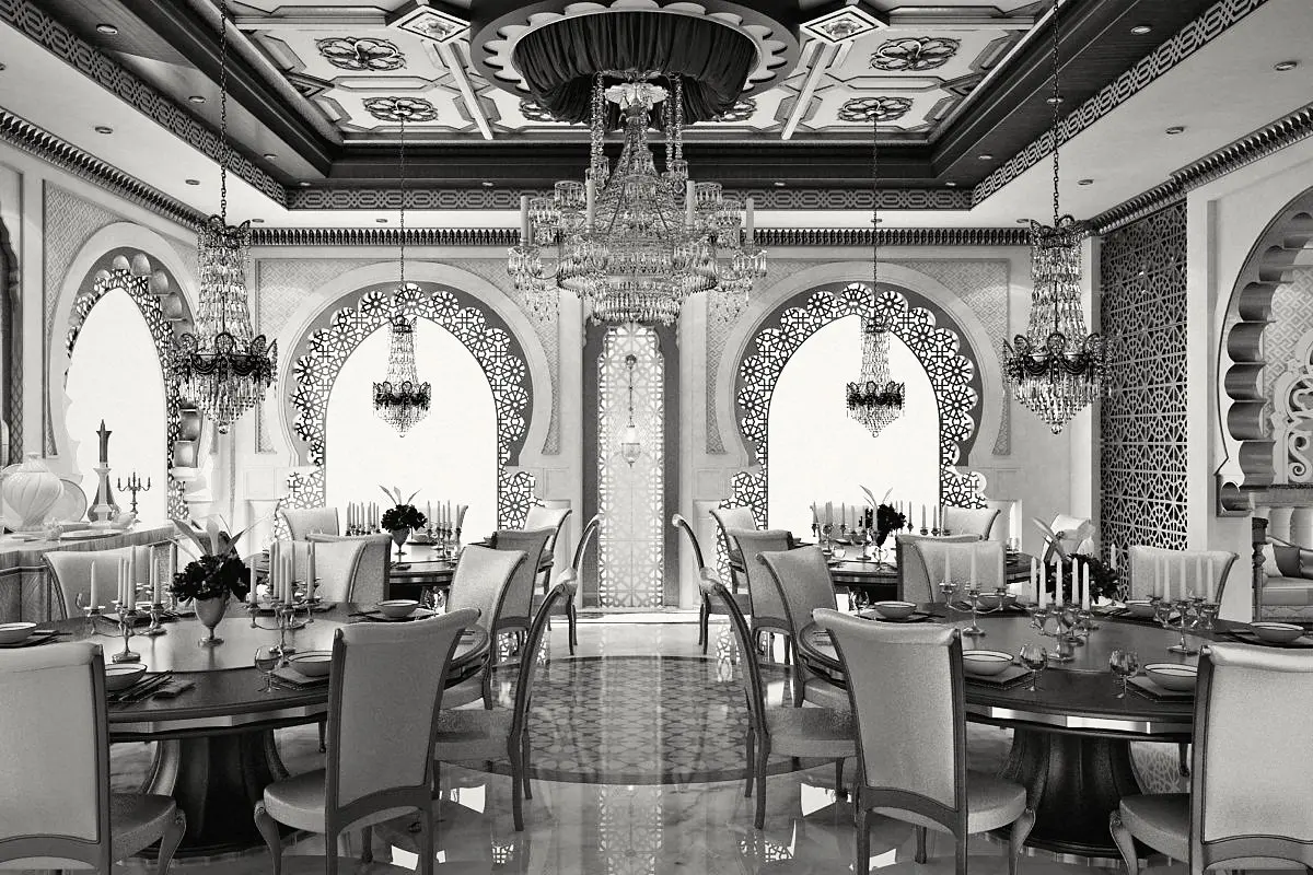 The dining hall: round tables under the arches.