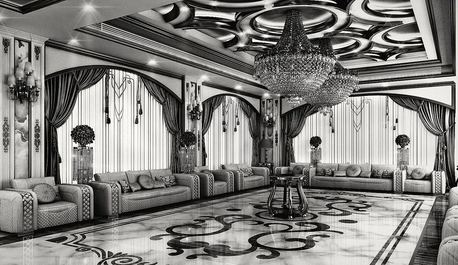 The majlis from another side: a large chandelier and a curving marble inlay.