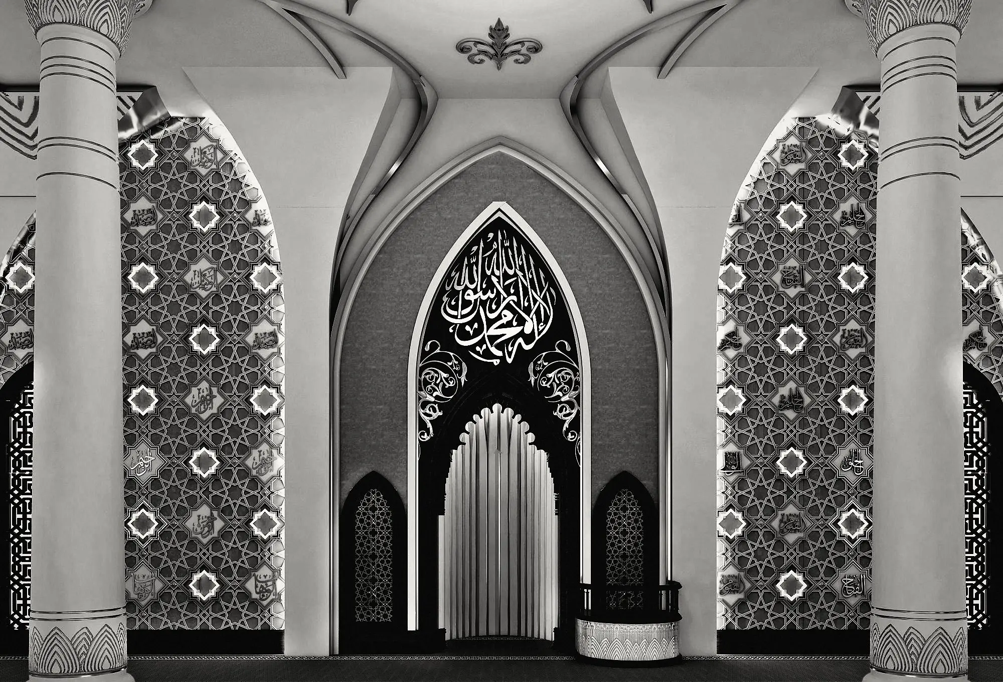 The mihrab: a calligraphic pointed arch flanked by backlit mashrabiya.
