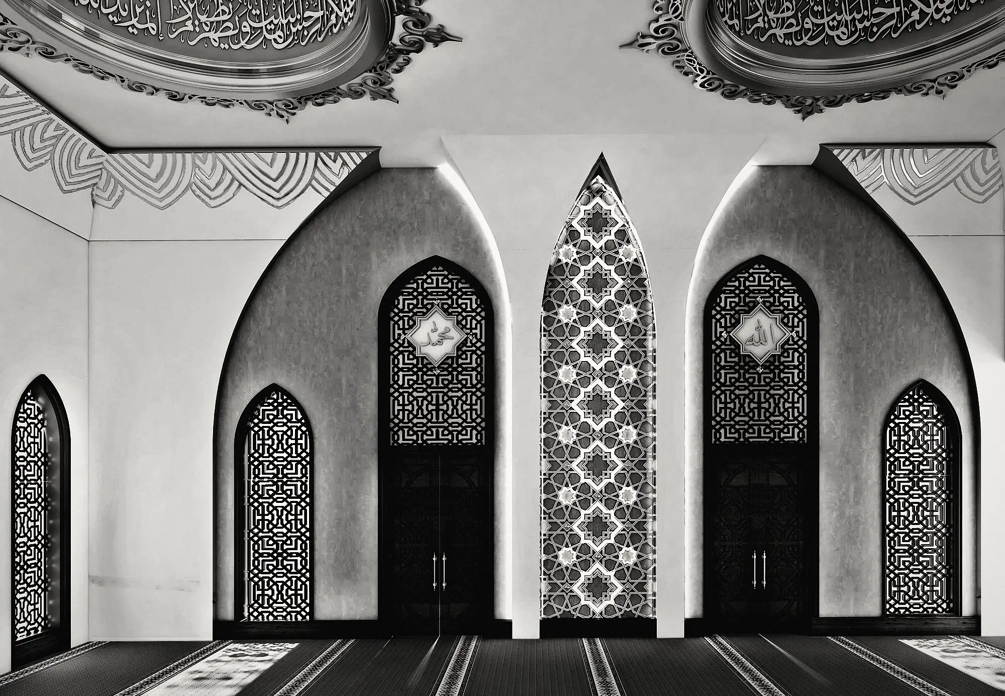 The entrance wall: timber doors under pointed arches, with a tall mashrabiya panel between them.