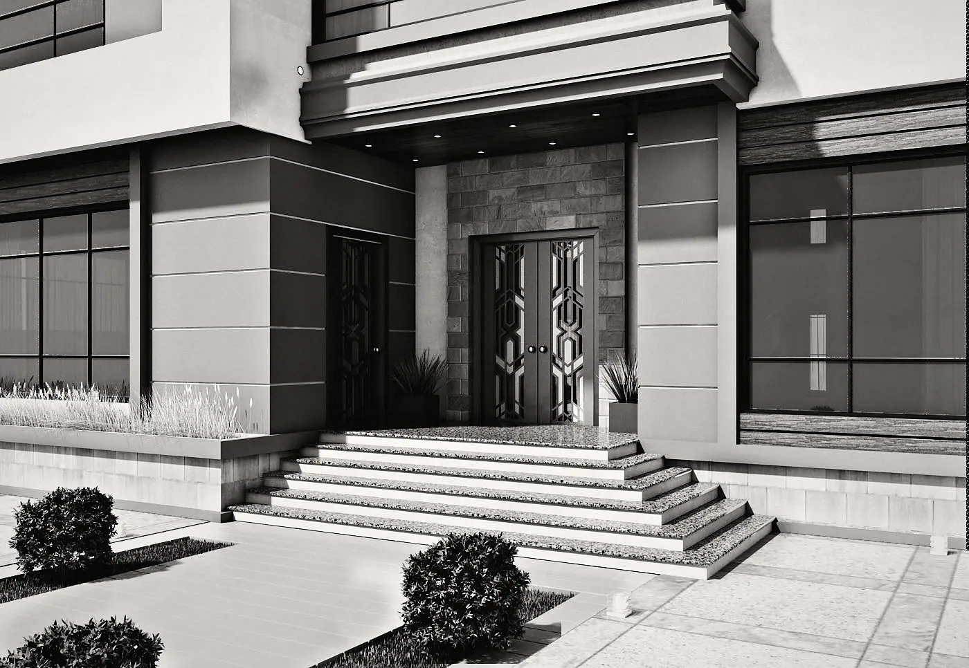 The entrance: wide steps and a carved timber door.