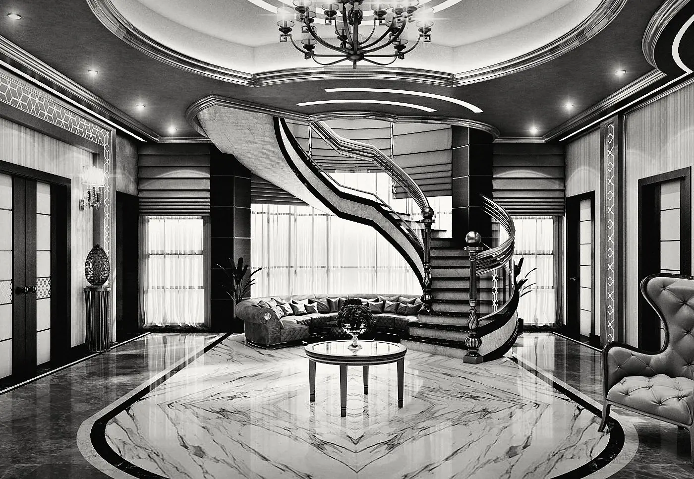 The entrance hall: a spiral stair and a marble floor framed in a circle.