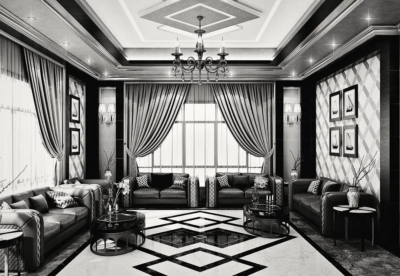 The majlis: seating on three sides and a geometric marble floor.