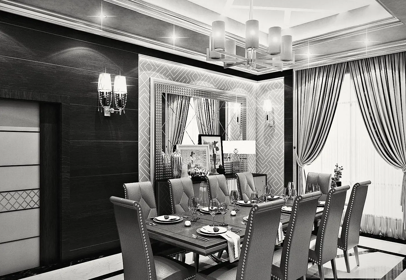 The dining room: dark timber and a chandelier over the table.