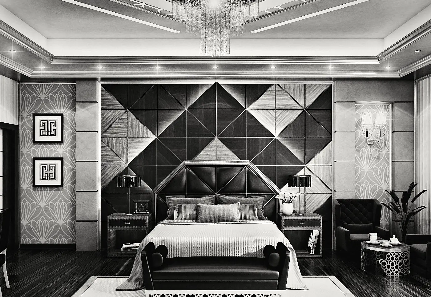 The master bedroom: a diamond-quilted leather wall behind the bed.