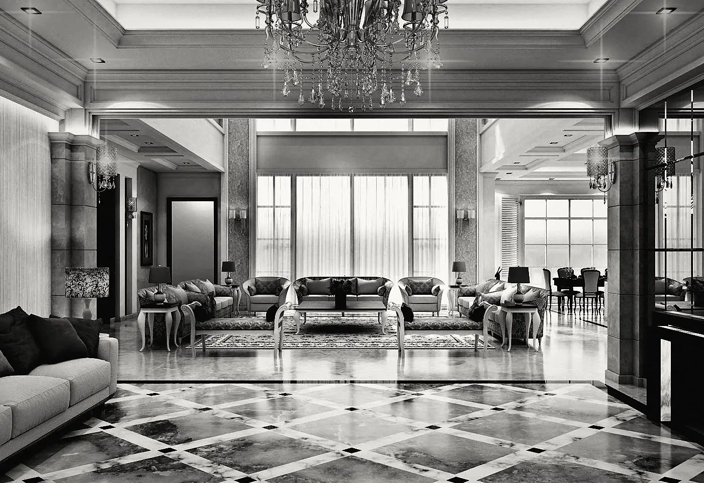 The entrance hall: pale marble and wide windows.