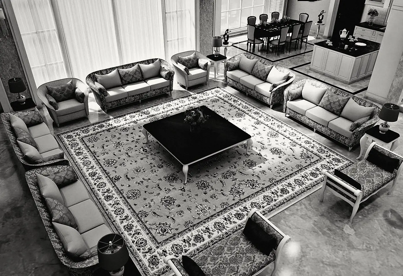 The living room: seating around a large rug, with dining beyond.