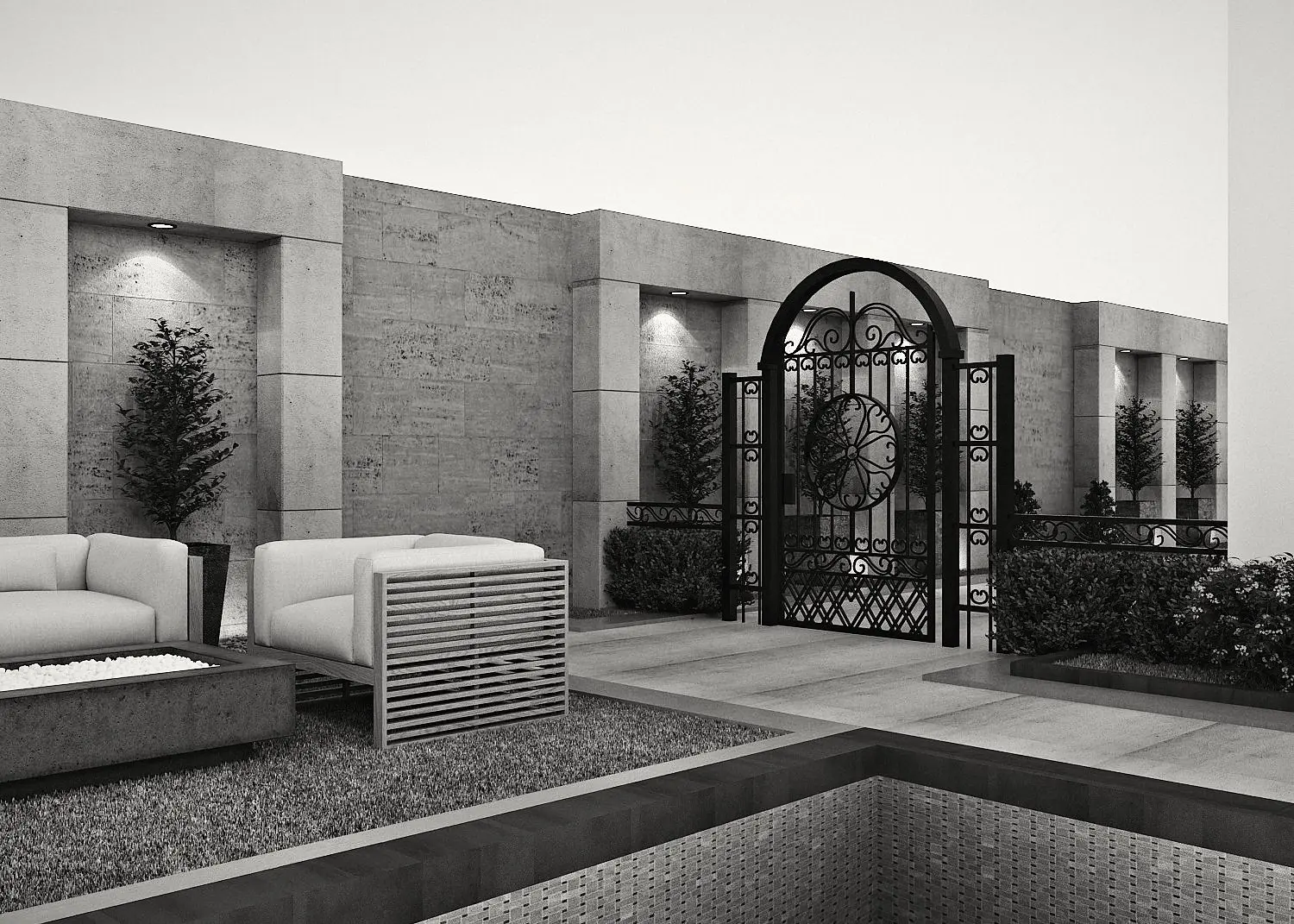 The pool from the side of the metal gate.