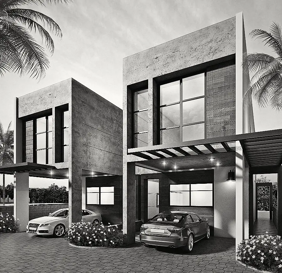 A contemporary front: stone, timber and a canopy over the garage.