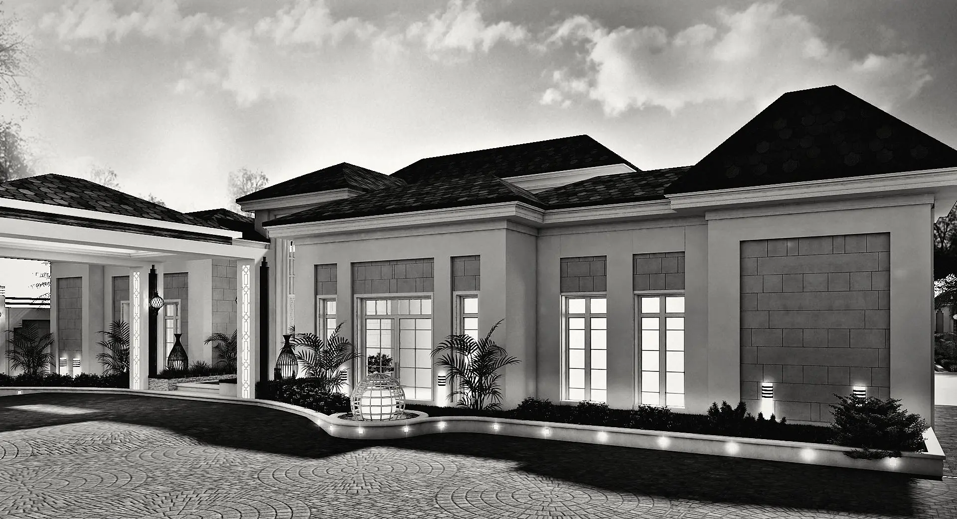 The tiled-roof villa: driveway and front garden.